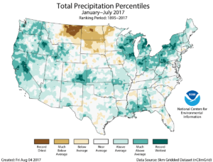 Areas of northeast, northcentral, west central and southeast Wisconsin have recorded the wettest January through July since measurements began.