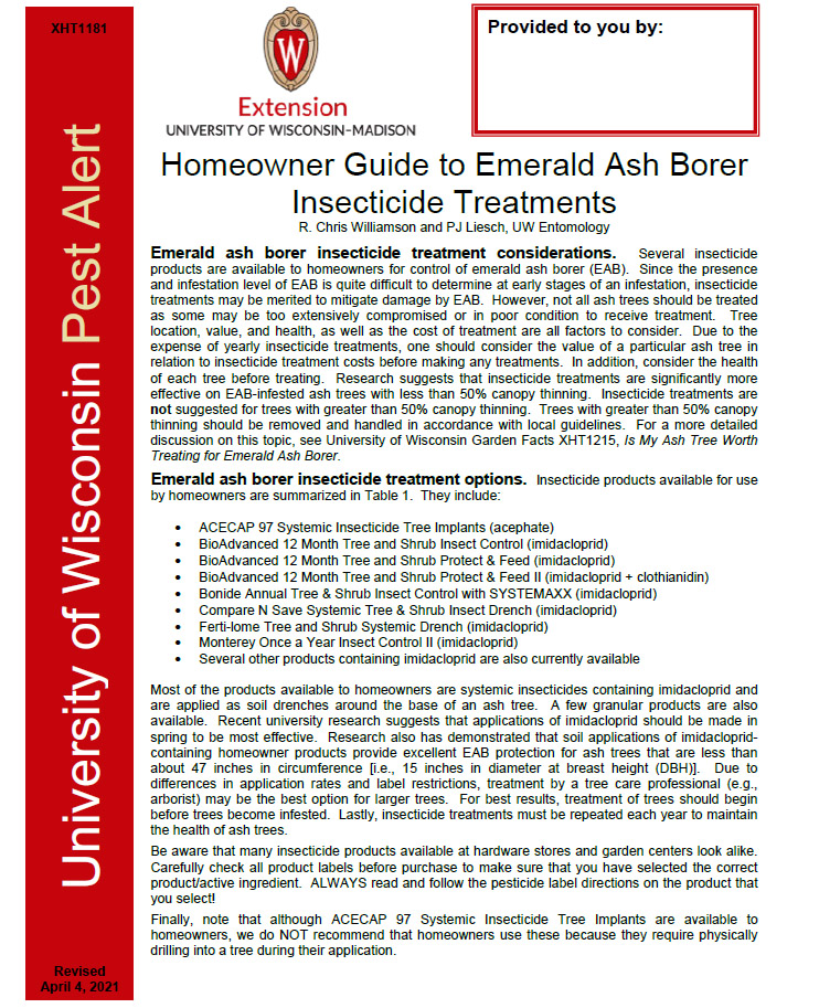 First page of the homeowner guide to EAB insecticide treatments.