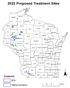 A Wisconsin map highlights where the Wisconsin Department of Agriculture, Trade and Consumer Protection will treat for spongy moth.