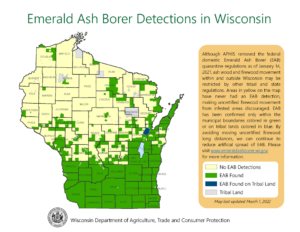 A Wisconsin map indicates where EAB has been found as of March 2022.