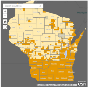 A screenshot of the Wisconsin EAB Detections Look-Up Tool shows a Wisconsin map with highlighted areas to depict where EAB has been reported or detected. 