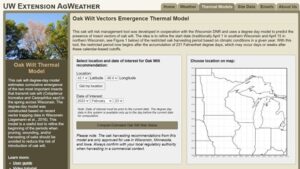 A screen shot of the oak wilt vector emergence homepage where the location and date data is entered to model growing degree days.
