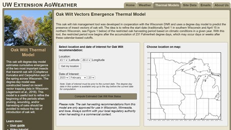 A screen shot of the oak wilt vector emergence homepage where the location and date data is entered to model growing degree days.