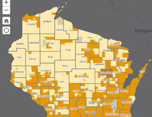 Map of northern Wisconsin shows areas where emerald ash borer has not yet been found.
