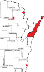 Map showing locations of known high beech scale populations in Wisconsin.