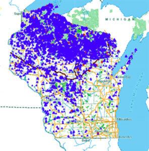 Map showing distribution of open tax law lands in Wisconsin