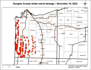 Map showing 76,000 acres of moderate to heavy storm damage in Douglas County in December 2022