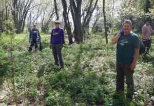 Photo showing volunteers at a garlic mustard-pulling event on the Montreal River in Iron County.
