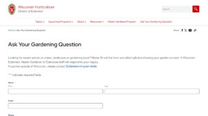 A screenshot of the University of Wisconsin-Madison Extension web page inviting viewers to ask a gardening question of its staff.