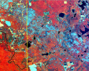 A satellite photo from WorldView 3 shows damaged areas over a section of the Chequamegon-Nicolet National Forest following the massive derecho storm that carved a path across Northeastern Wisconsin in 2019.