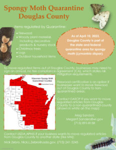 A flyer showing Douglas County residents and visitors that spongy moth quarantine rules remain in effect.