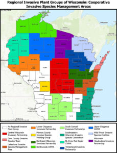 A chart showing Wisconsin's different Cooperative Invasive Species Management Areas boundaries.