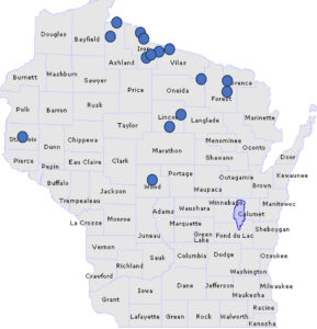 Map of known cottony ash psyllid infestations in Wisconsin.