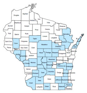 A map showing Wisconsin counties where Heterobasidion root disease (HRD) has been found as of October 2024, tinted in blue.