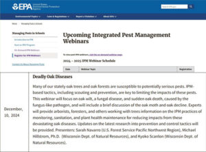 A screen grab of a webpage on the United States Environmental Protection Agency website discussing a pest management webinar set for Dec. 10, 2024.