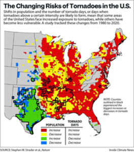 A graphic shows changing tornado risk trends in the United States from 1980 to 2020. All Wisconsin counties are showing an increase in tornado days.