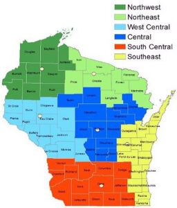 A Wisconsin map showing zones of coverage for each of the six DNR Forest Health Specialists