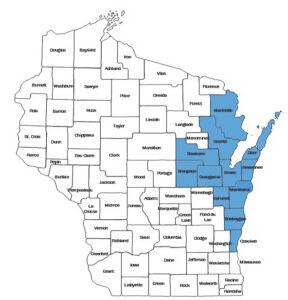 A map of Wisconsin counties in which Columbian timber beetle has been found causing staining in maple.