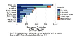 A chart showing roundwood production for the top species in Wisconsin, by volume.