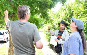 Photo showing Wisconsin Department of Natural Resources Forest Health specialists (from left) Bill McNee, Paul Cigan and Linda Williams discuss a tree during the Cambridge Tree Tour in July 2025.