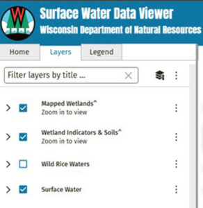 The Wisconsin Department of Natural Resources' online Surface Water Data Viewer layers panel.