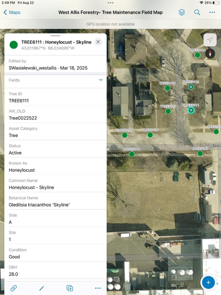 This image is a screen shot of the Field Maps application being used by an arborist with the City of West Allis. A map is visible in the application, with points corresponding to street trees. A point is highlighted and on the side is a pop-up box that shows details about that tree.