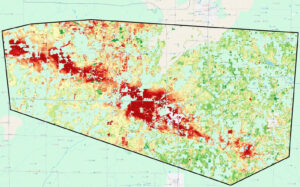 A map created by Sarah Wegmueller of Silvicart Geospatial Data Analysis, showing where damage developed along the path of a hailstorm on July 19, 2025. Red areas show areas most severely impacted across Lincoln, Marathon, and Shawano counties.