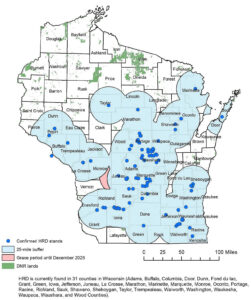 A Wisconsin map showing Heterobasidion root disease infestations.