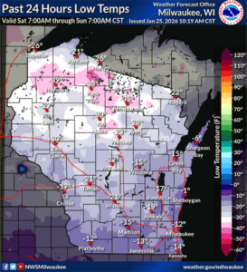 A map of Wisconsin showing cold temperatures on Jan. 25, 2026.