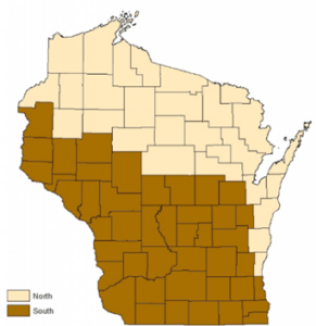 Wisconsin map showing North and South zones determining when oak tree pruning and other work should stop.