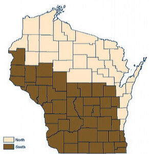 A Wisconsin map showing the North and South zones, where pruning and other work on oak trees is not recommended starting April 1 (South) or April 15 (North), through July 15.