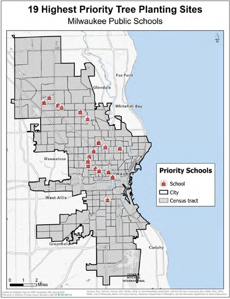 A map of the City of Milwaukee showing which school properties should be prioritized for tree planting. Most of the 19 highlighted schools are located on Milwaukee's north side.