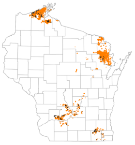 Wisconsin map showing 2025 spongy moth tree defoliation and mortality.