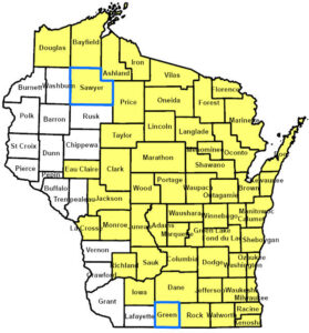 Map of Wisconsin showing counties in yellow quarantine for spongy moth.