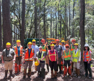 A group of workers gathers in the woods.