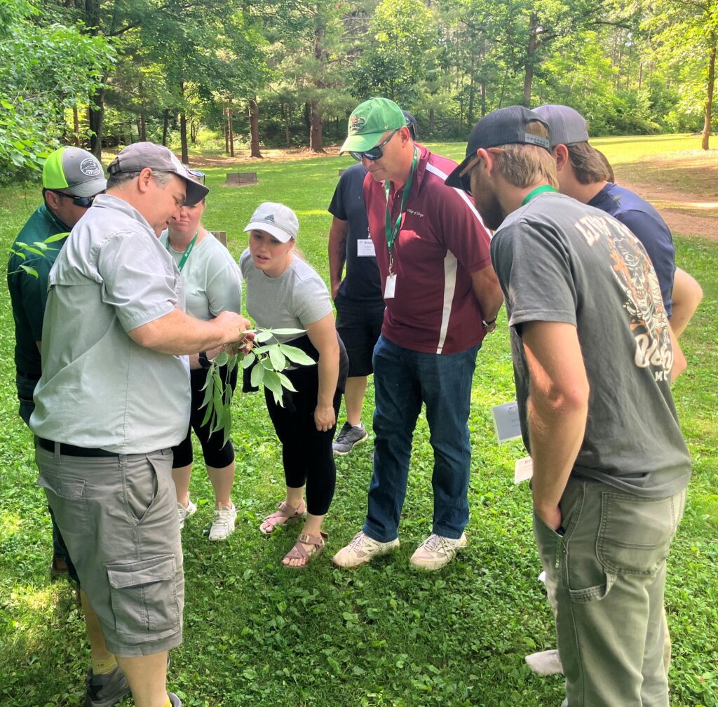a group of people examining tree leaves