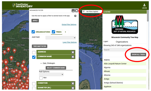 Screenshot from the Wisconsin Community Tree Map, where users can click “Show All Trees” and then the filter button to search for species growing across the state.
