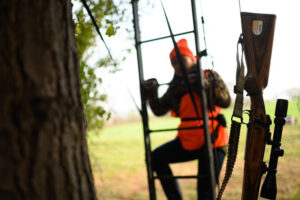 A hunter climbs into a tree stand.